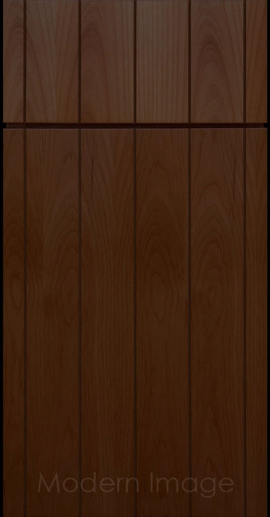 Front view of a Brooklyn style Grooved Flat Panel Cabinet Door and Drawer finished in Pecan Stain.